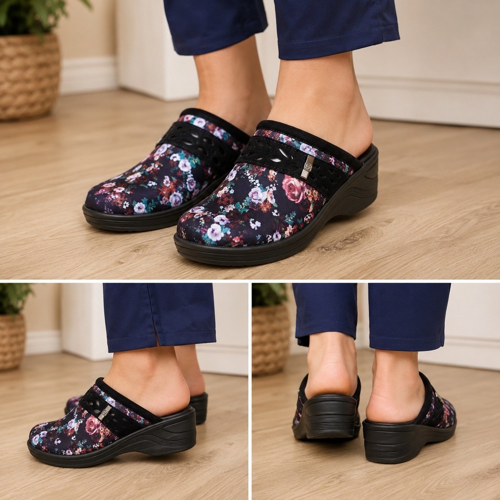 Bzees Clogs Dolce Black Floral Fabric Comfort Slip On Mules 8.5